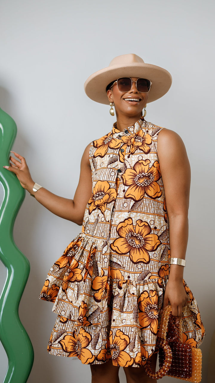 LAILA AFRICAN PRINT SLEEVELESS TIERED BUTTON DRESS