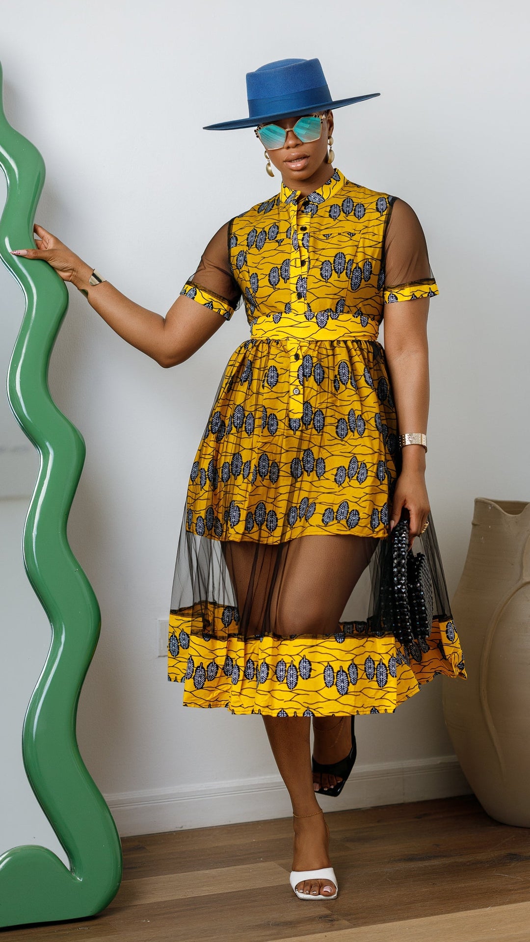 VALENTINA AFRICAN PRINT BUTTON MESH DRESS [YELLOW]
