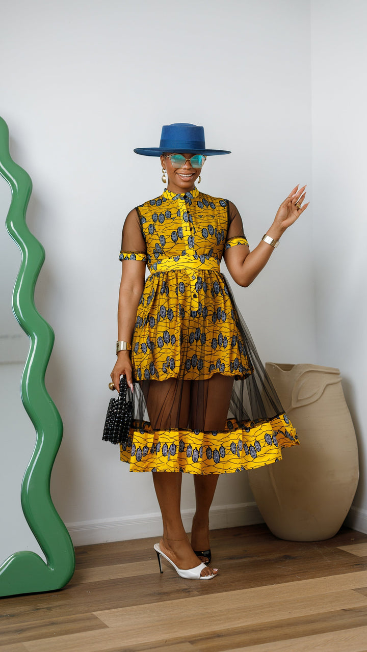 VALENTINA AFRICAN PRINT BUTTON MESH DRESS [YELLOW]