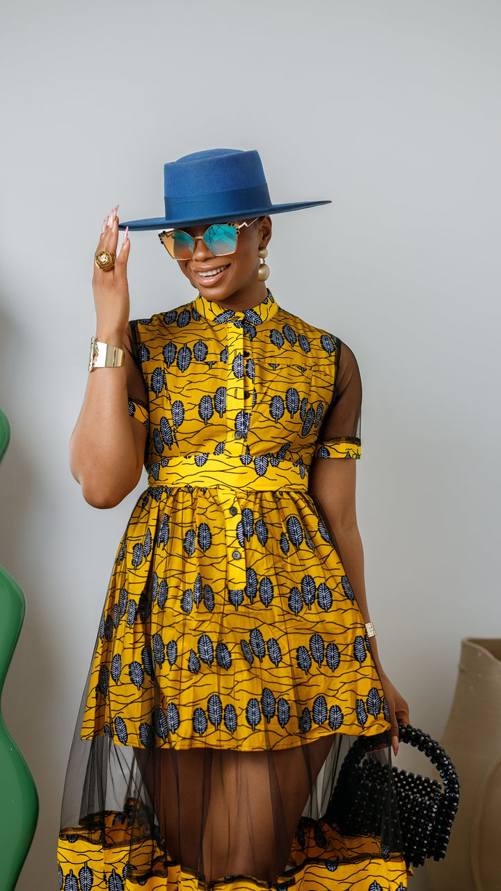 VALENTINA AFRICAN PRINT BUTTON MESH DRESS [YELLOW]