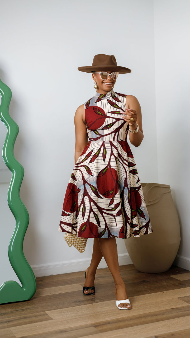 ZURI AFRICAN PRINT SLEEVELESS HIGH NECK MIDI DRESS [RED]