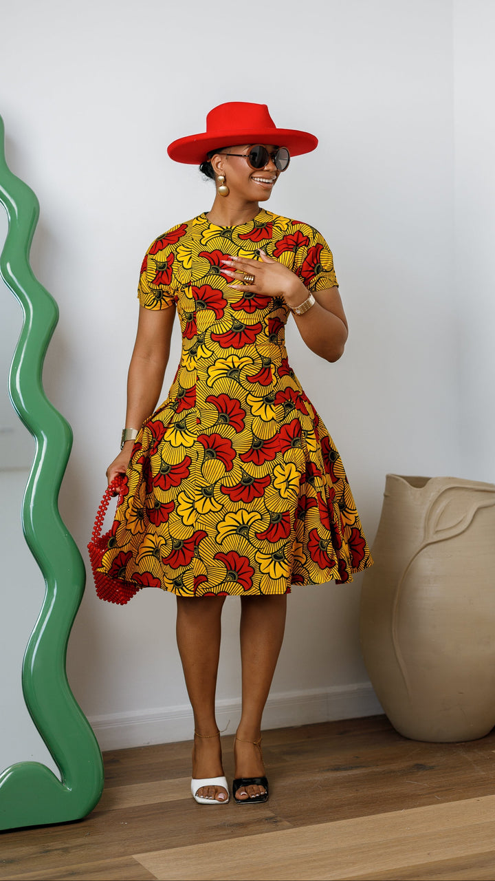 AMARA AFRICAN PRINT FIT AND FLARE MIDI DRESS [MULTICOLOR]