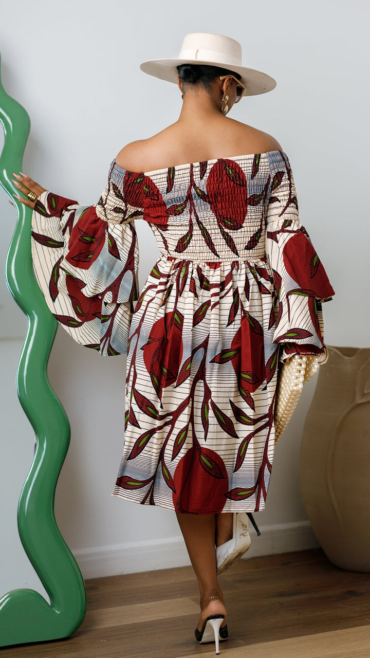 BISI AFRICAN PRINT SMOCKED OFF SHOULDER MIDI DRESS
