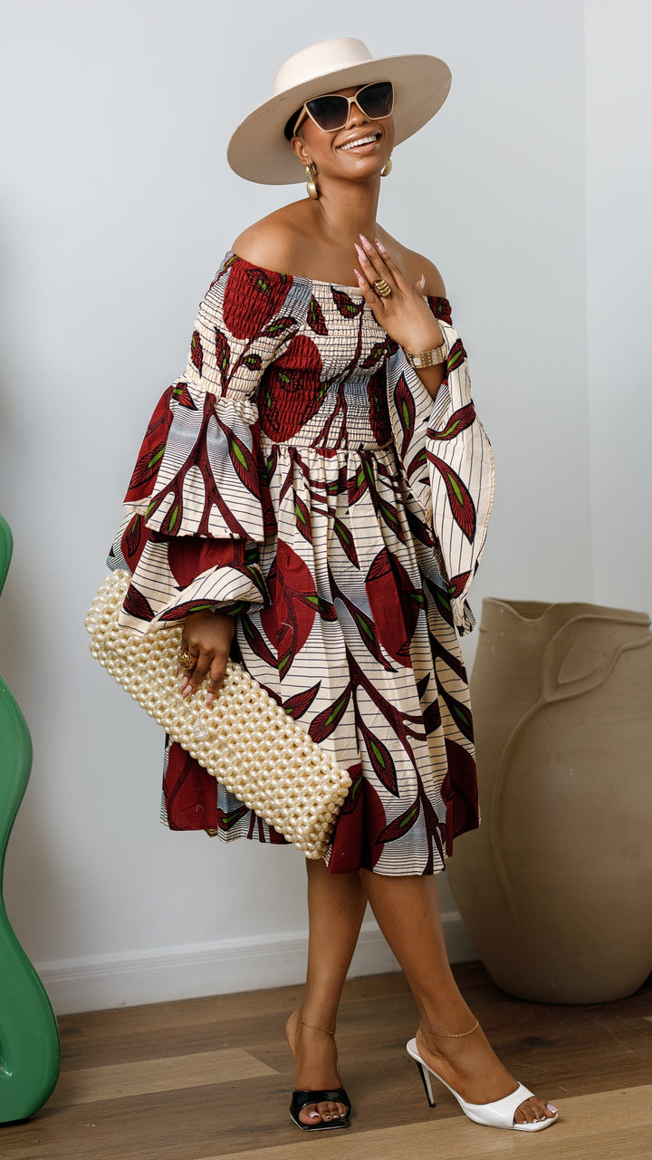 BISI AFRICAN PRINT SMOCKED OFF SHOULDER MIDI DRESS