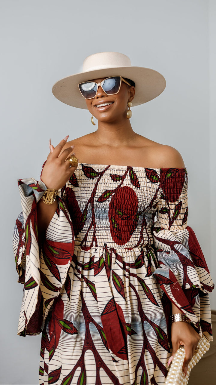 BISI AFRICAN PRINT SMOCKED OFF SHOULDER MIDI DRESS