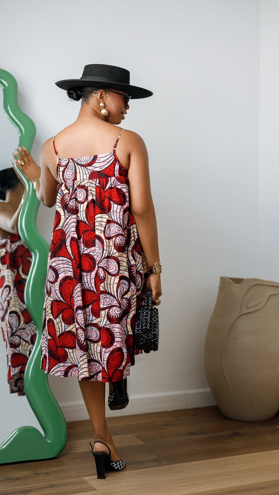 ELSIE AFRICAN PRINT SPAGHETTI STRAP MIDI DRESS [RED]