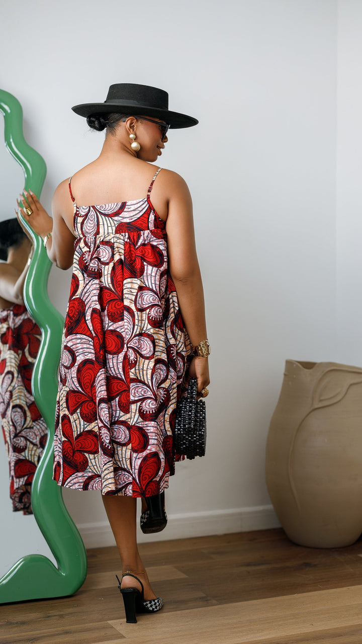 ELSIE AFRICAN PRINT SPAGHETTI STRAP MIDI DRESS [RED]