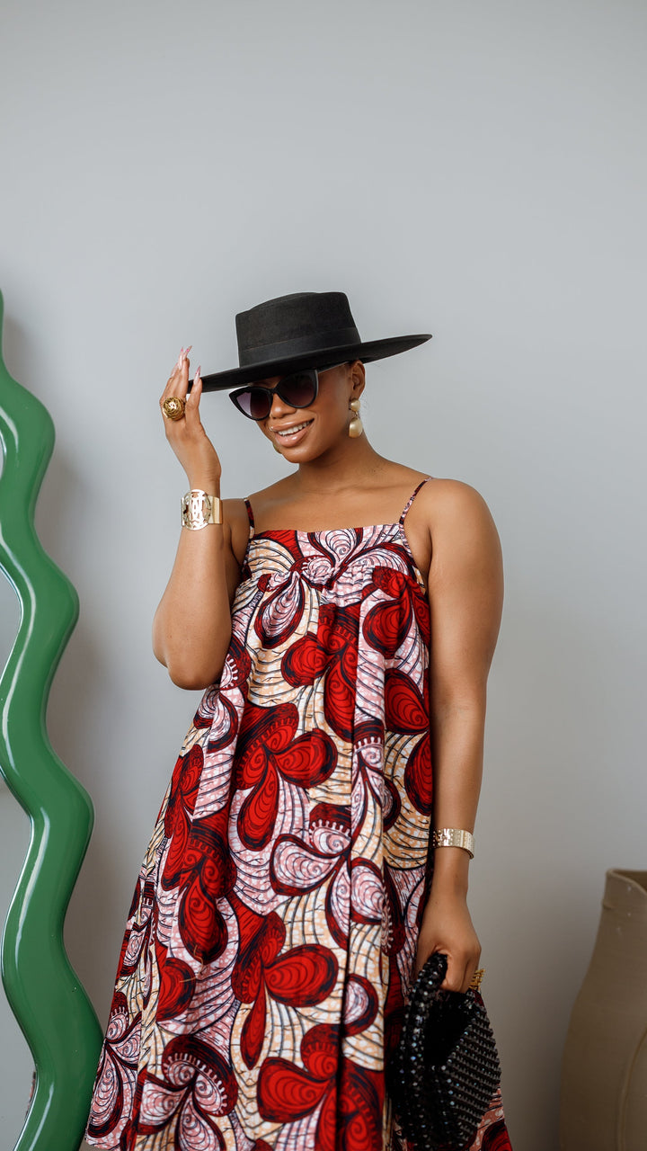 ELSIE AFRICAN PRINT SPAGHETTI STRAP MIDI DRESS [RED]