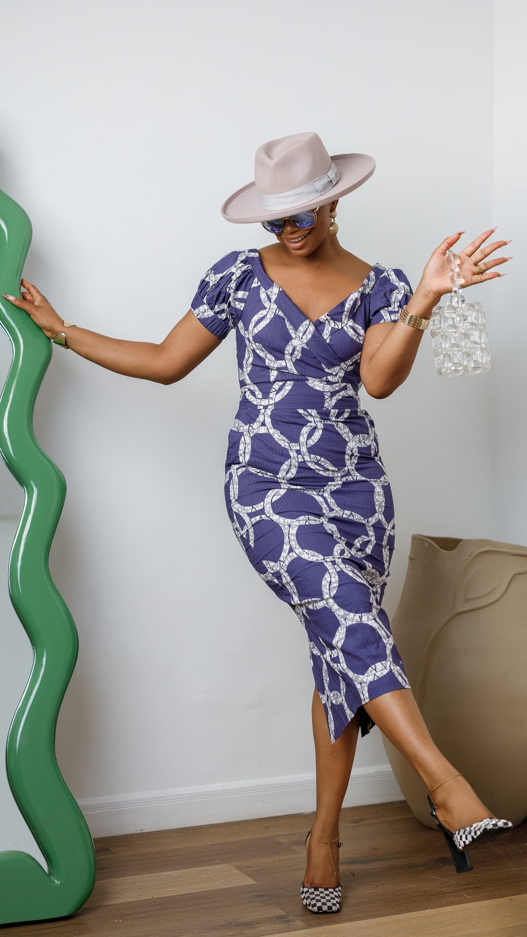 IDIA AFRICAN PRINT V-NECK PUFF SLEEVE MIDI DRESS
