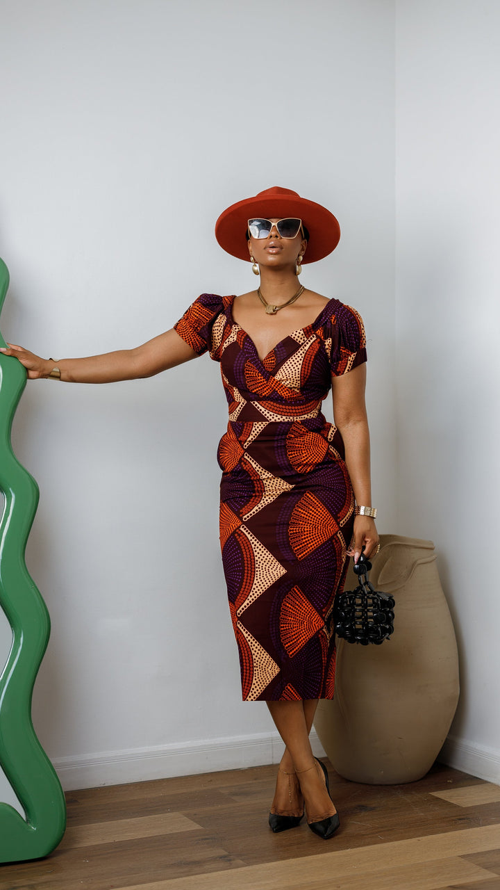 IDIA AFRICAN PRINT V-NECK PUFF SLEEVE MIDI DRESS [PURPLE]