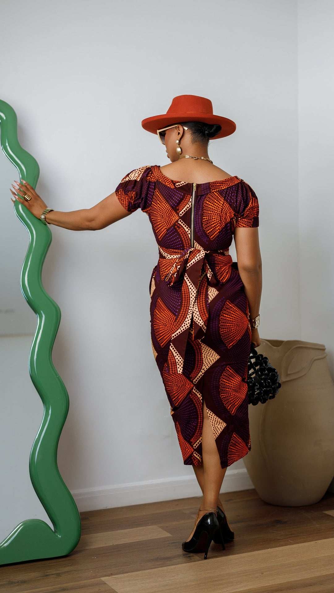 IDIA AFRICAN PRINT V-NECK PUFF SLEEVE MIDI DRESS [PURPLE]