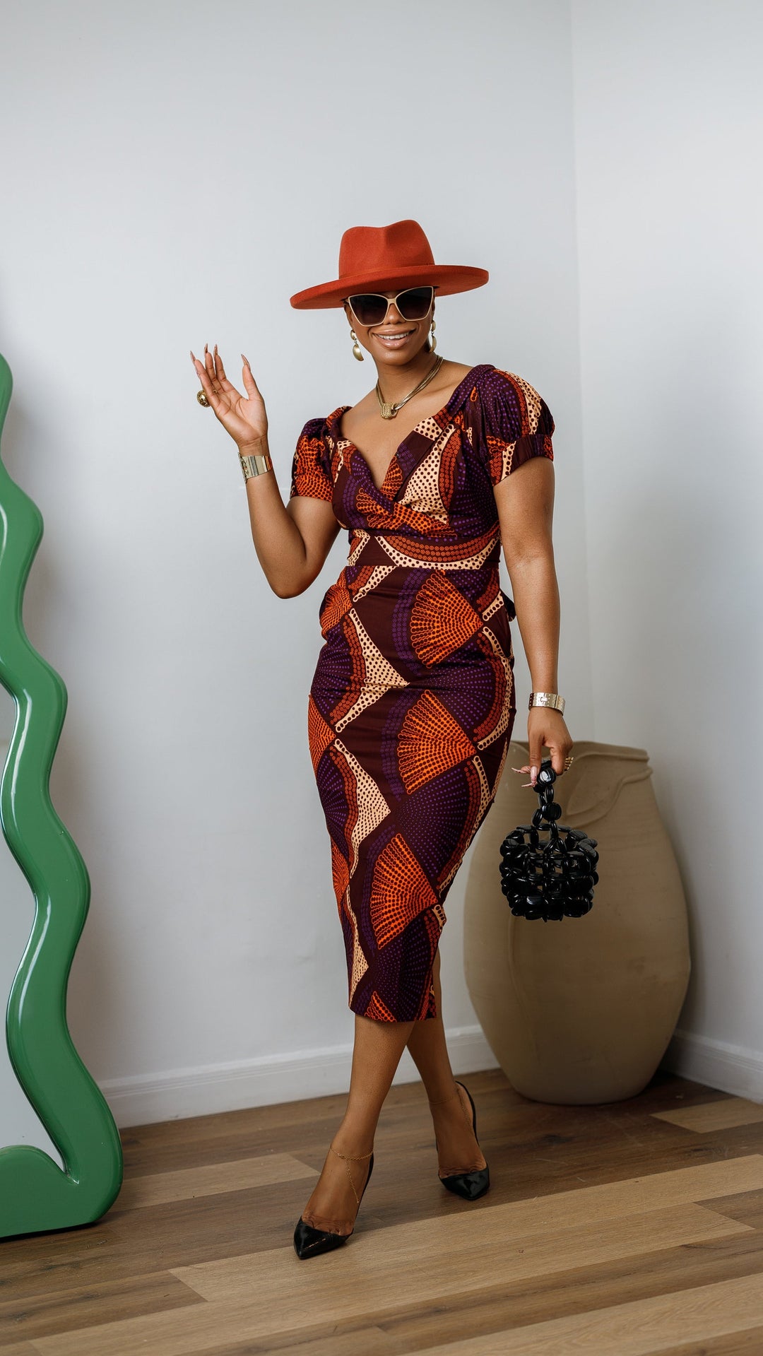 IDIA AFRICAN PRINT V-NECK PUFF SLEEVE MIDI DRESS [PURPLE]