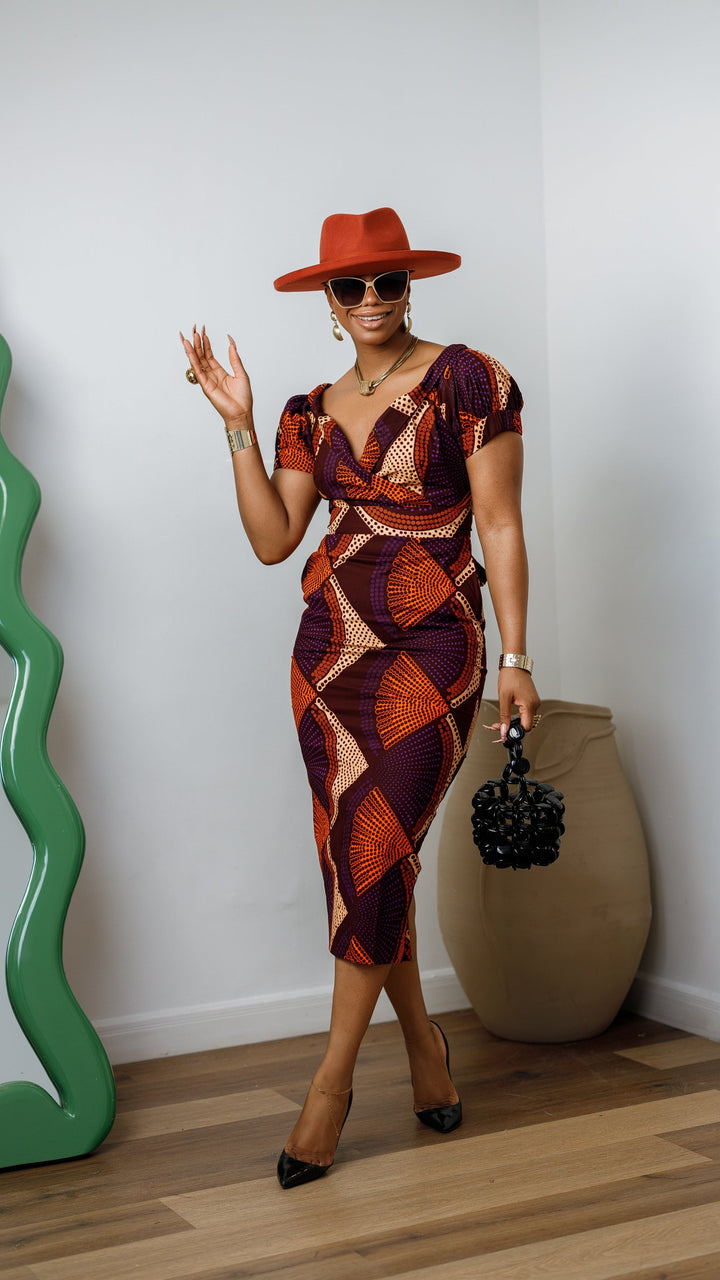 IDIA AFRICAN PRINT V-NECK PUFF SLEEVE MIDI DRESS [PURPLE]