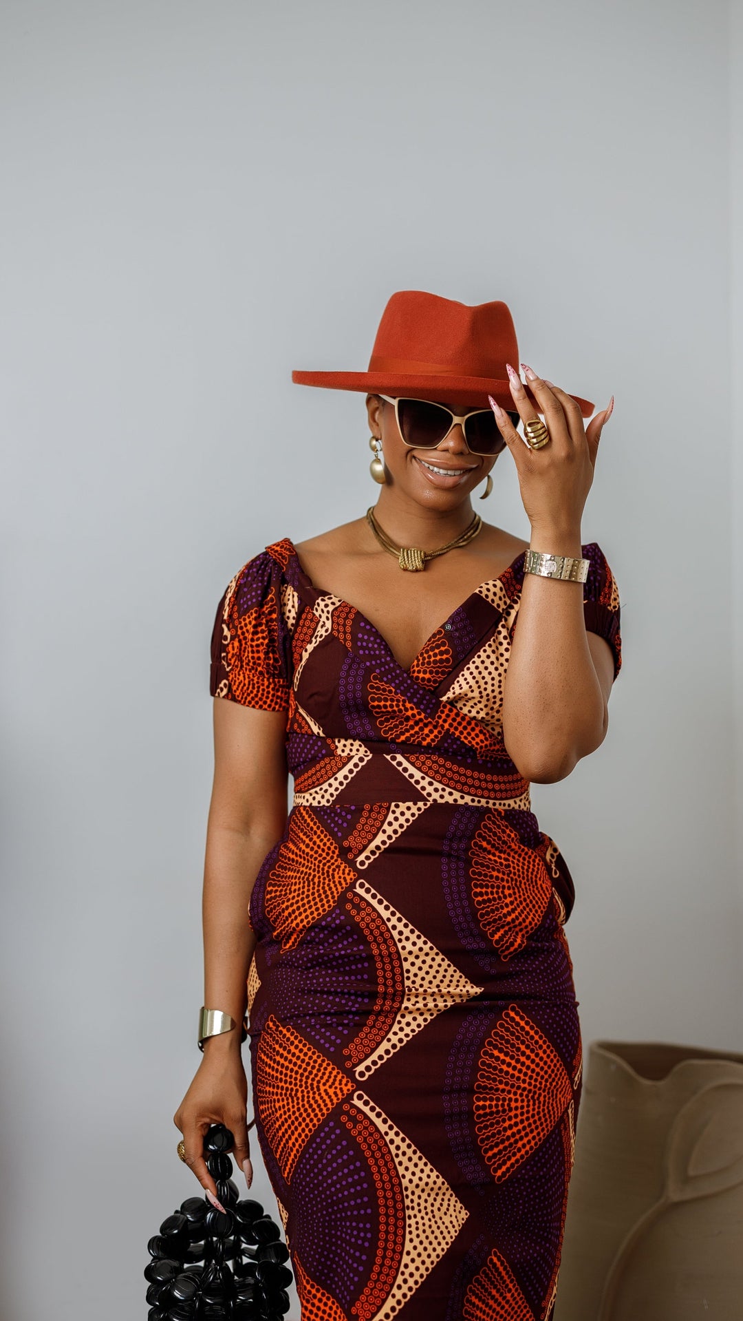 IDIA AFRICAN PRINT V-NECK PUFF SLEEVE MIDI DRESS [PURPLE]