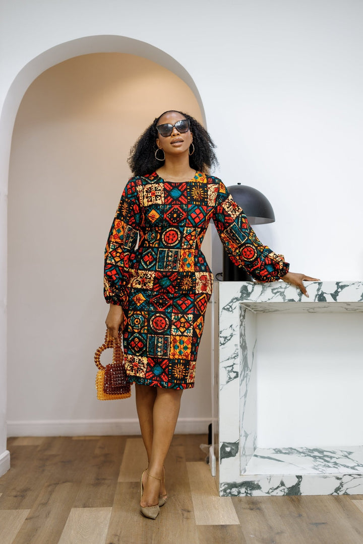 ZORA AFRICAN PRINT PUFF SLEEVE MIDI DRESS [PATCHWORK] - Especially Yours