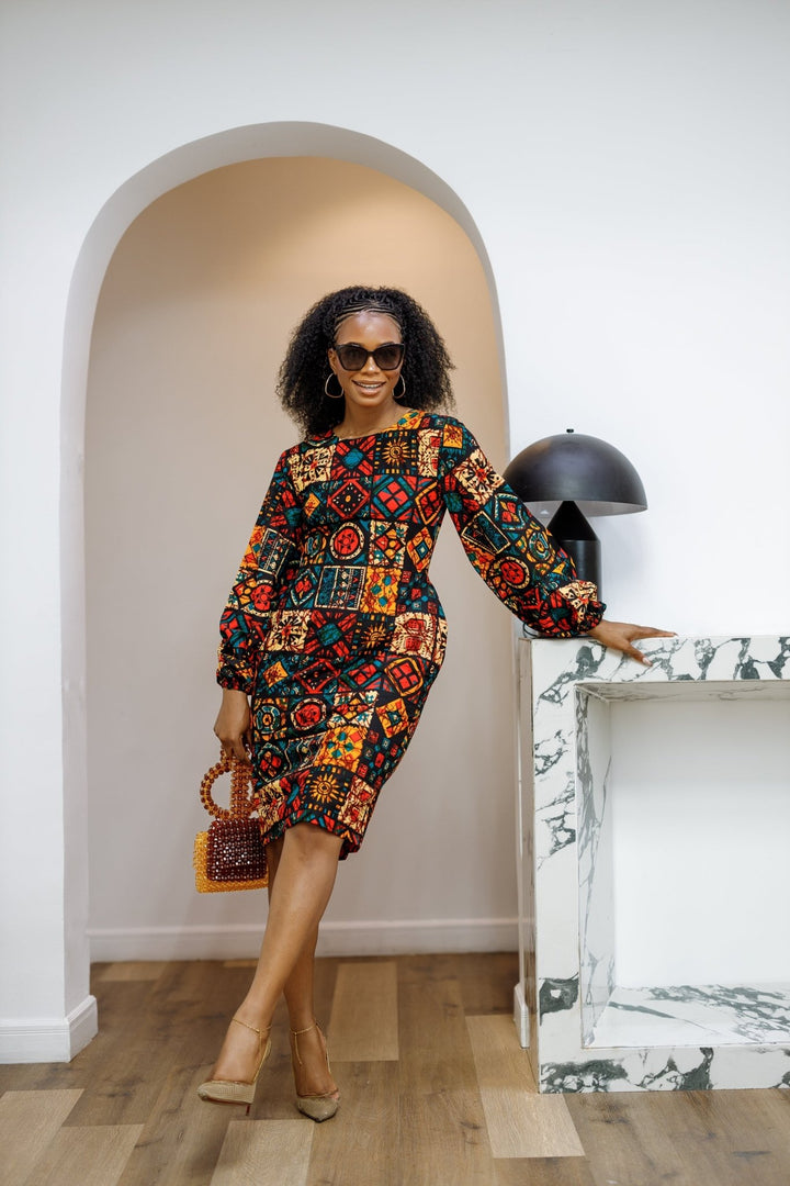 ZORA AFRICAN PRINT PUFF SLEEVE MIDI DRESS [PATCHWORK] - Especially Yours