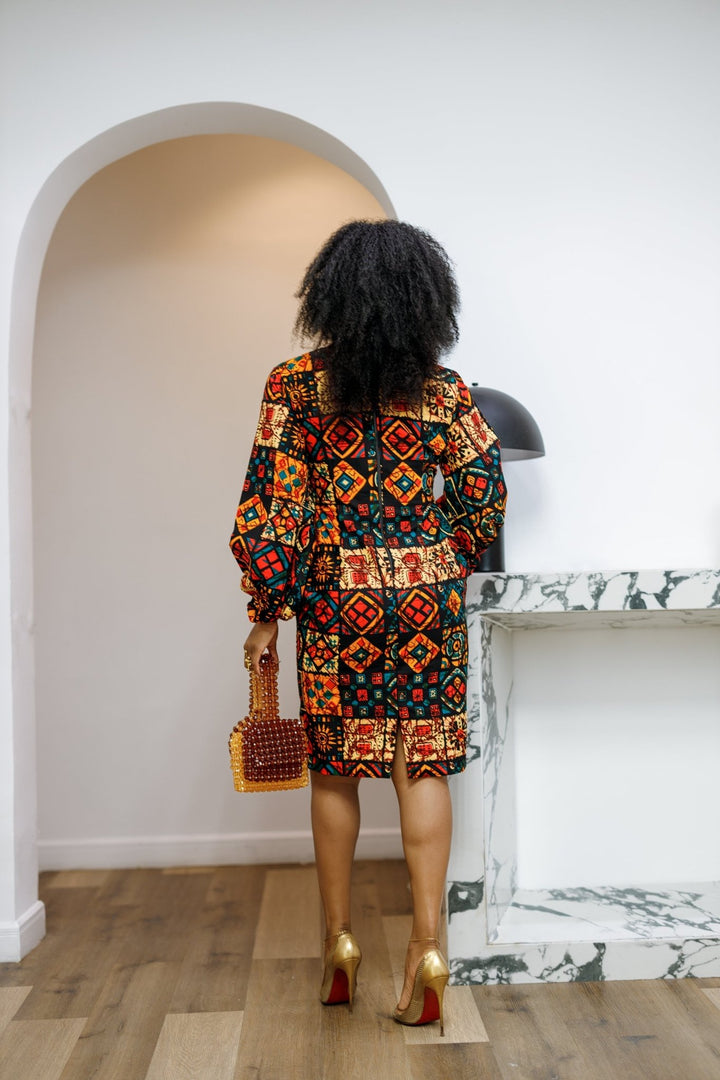 ZORA AFRICAN PRINT PUFF SLEEVE MIDI DRESS [PATCHWORK] - Especially Yours