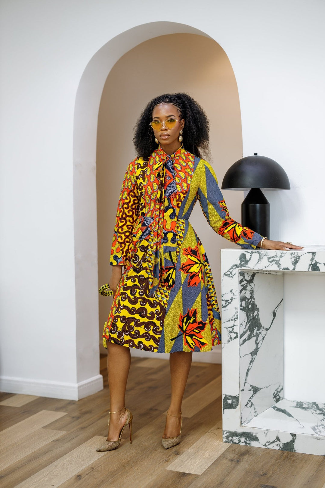 GILDA AFRICAN PRINT TIE - NECK MIDI DRESS [PATCHWORK] - Especially Yours