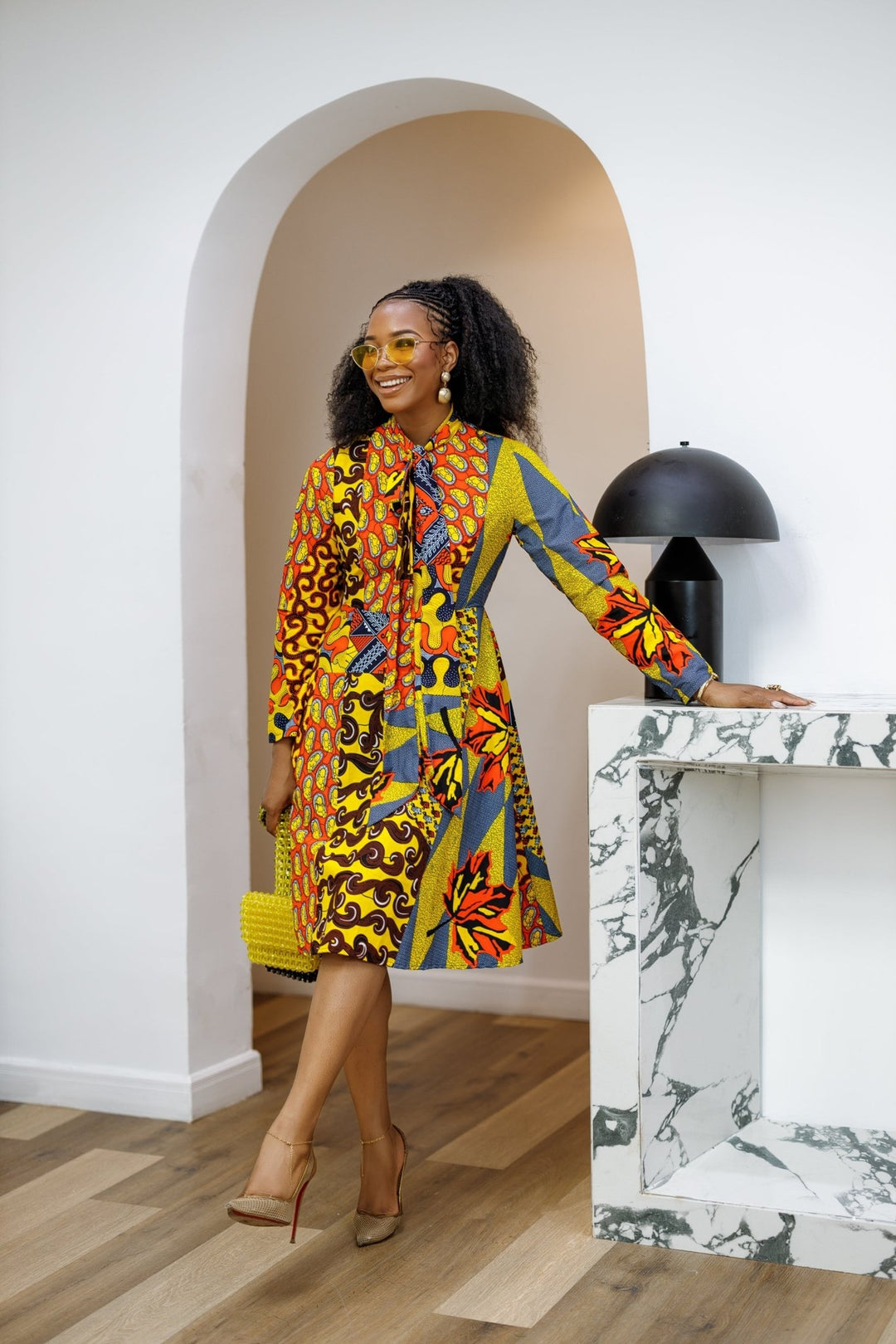 GILDA AFRICAN PRINT TIE - NECK MIDI DRESS [PATCHWORK] - Especially Yours