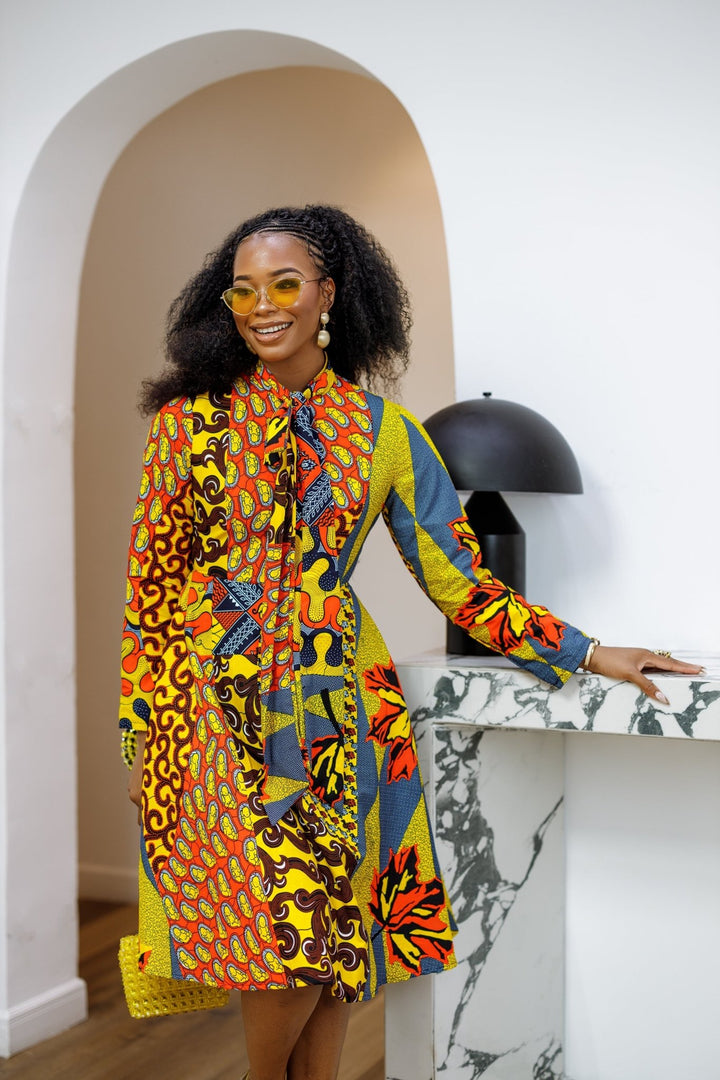 GILDA AFRICAN PRINT TIE - NECK MIDI DRESS [PATCHWORK] - Especially Yours