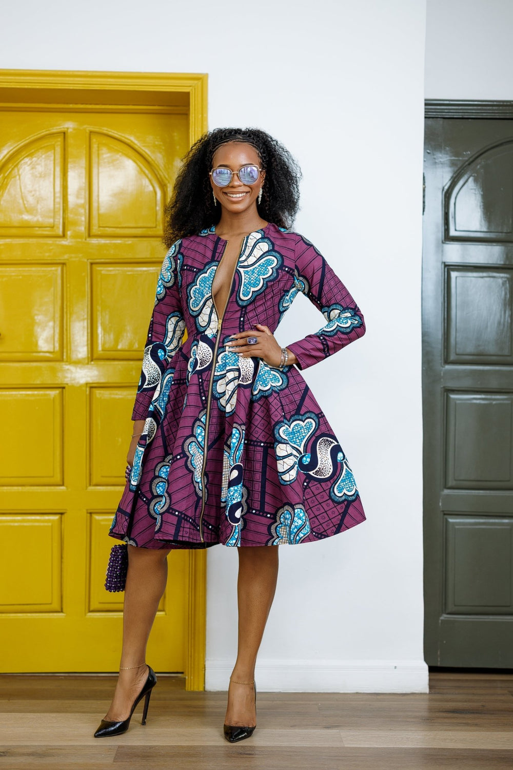 KEITA AFRICAN PRINT ZIP FRONT FLARE DRESS [PURPLE] - Especially Yours