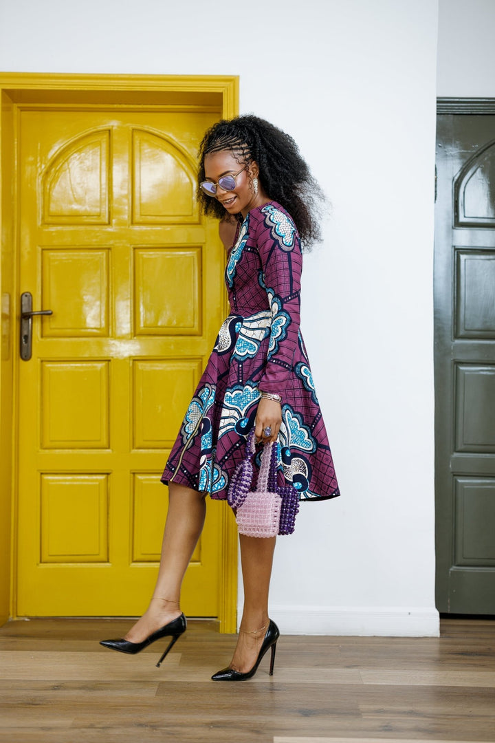 KEITA AFRICAN PRINT ZIP FRONT FLARE DRESS [PURPLE] - Especially Yours