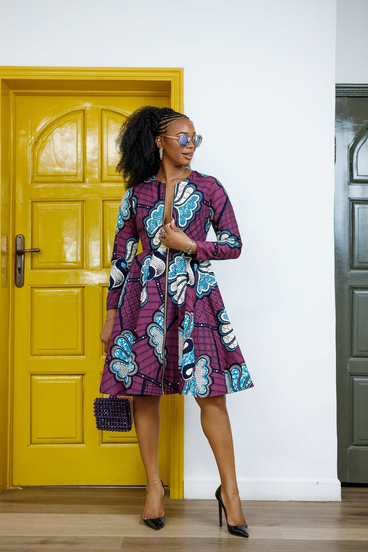 KEITA AFRICAN PRINT ZIP FRONT FLARE DRESS [PURPLE] - Especially Yours