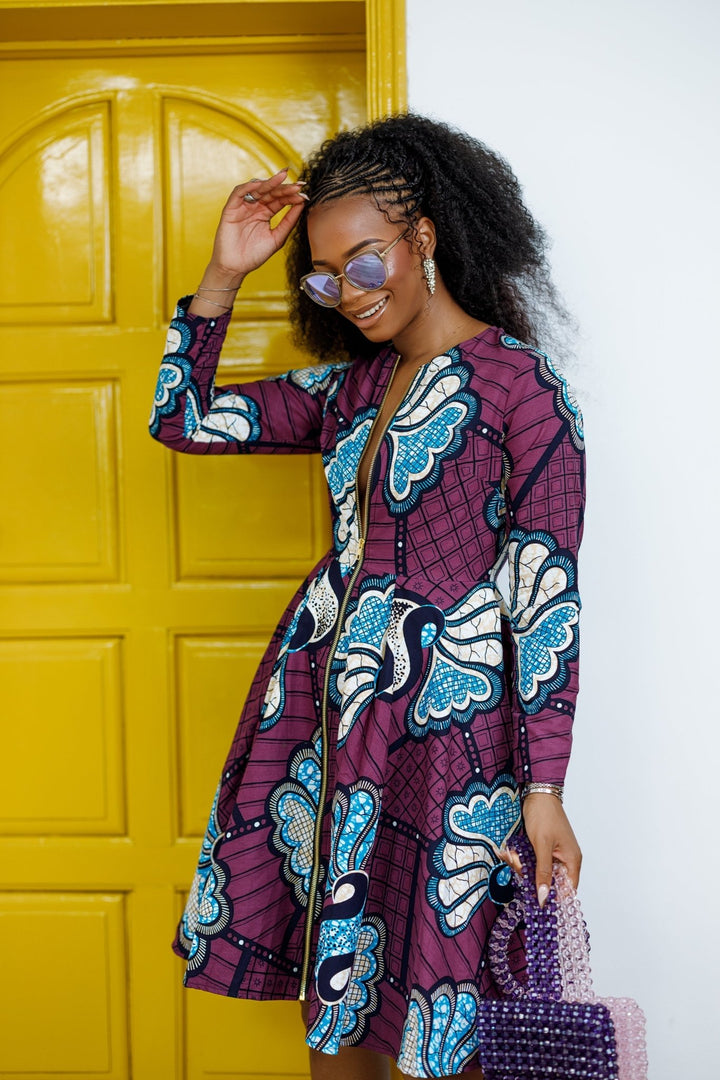 KEITA AFRICAN PRINT ZIP FRONT FLARE DRESS [PURPLE] - Especially Yours