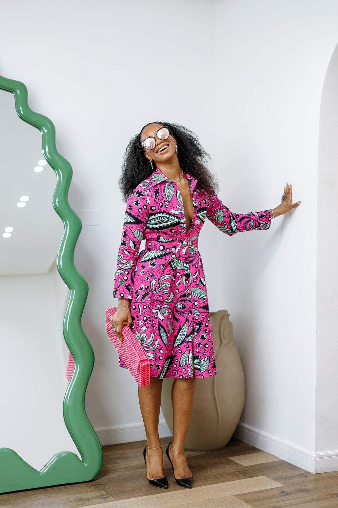 ELIZABETH AFRICAN PRINT BUTTON DOWN DRESS [PINK] - Especially Yours