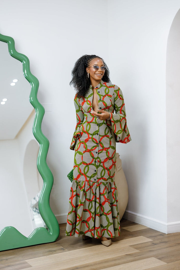 VIMBAI AFRICAN PRINT FLARE SLEEVE MAXI DRESS [MULTICOLOR] - Especially Yours