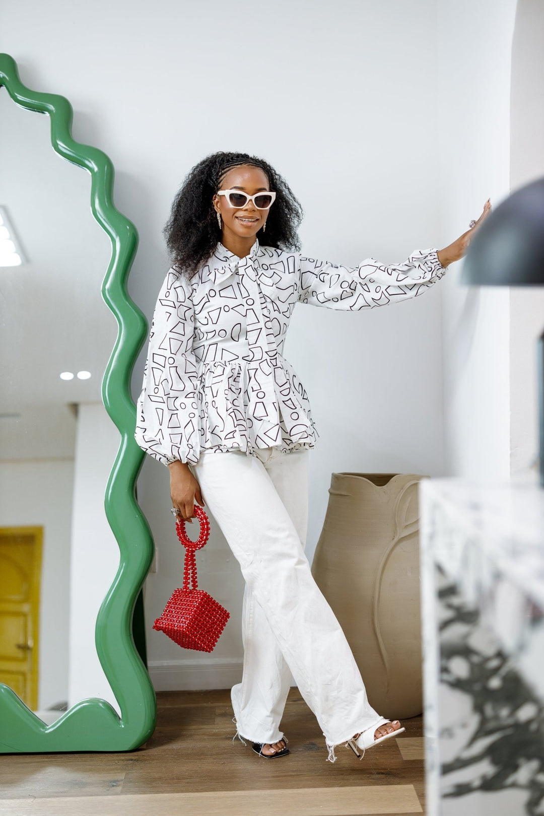 BIBI AFRICAN PRINT TIE NECK PEPLUM TOP [WHITE] - Especially Yours