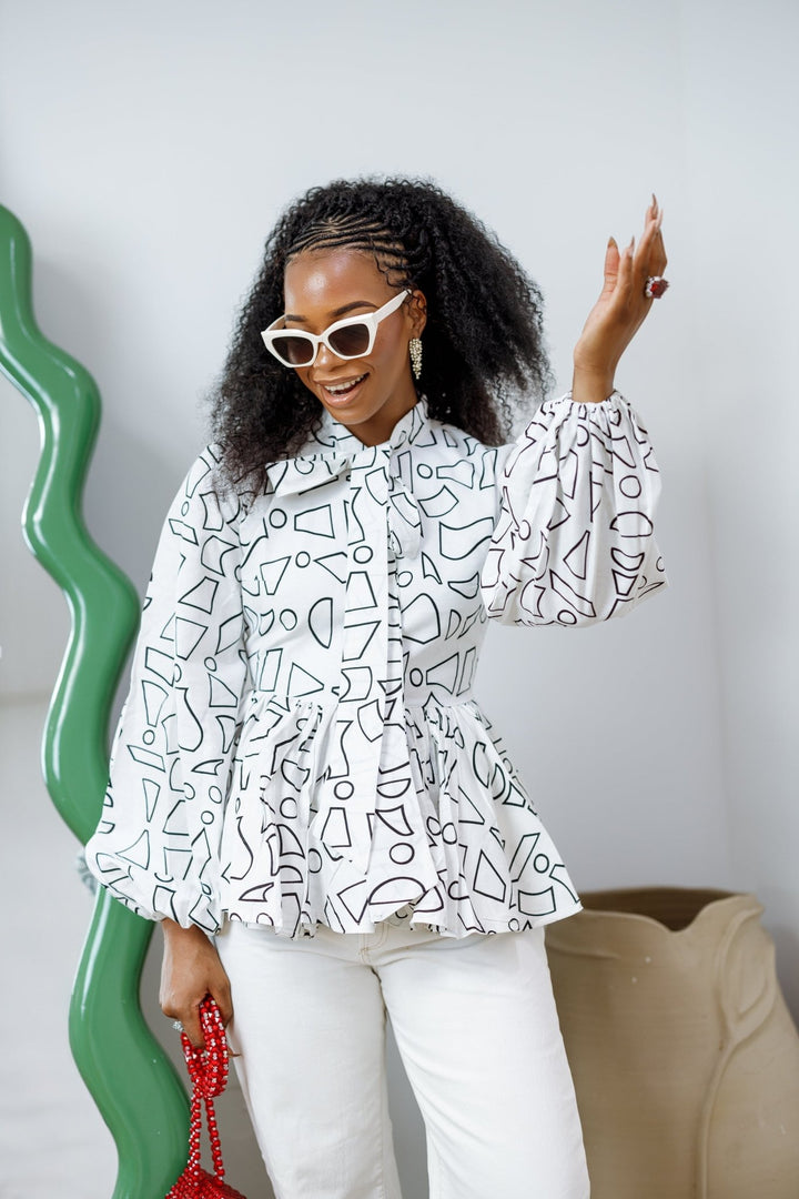 BIBI AFRICAN PRINT TIE NECK PEPLUM TOP [WHITE] - Especially Yours