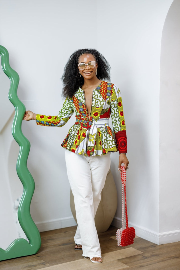 GABRIELLA AFRICAN PRINT FRONT ZIPPER PEPLUM TOP [MULTICOLOR] - Especially Yours