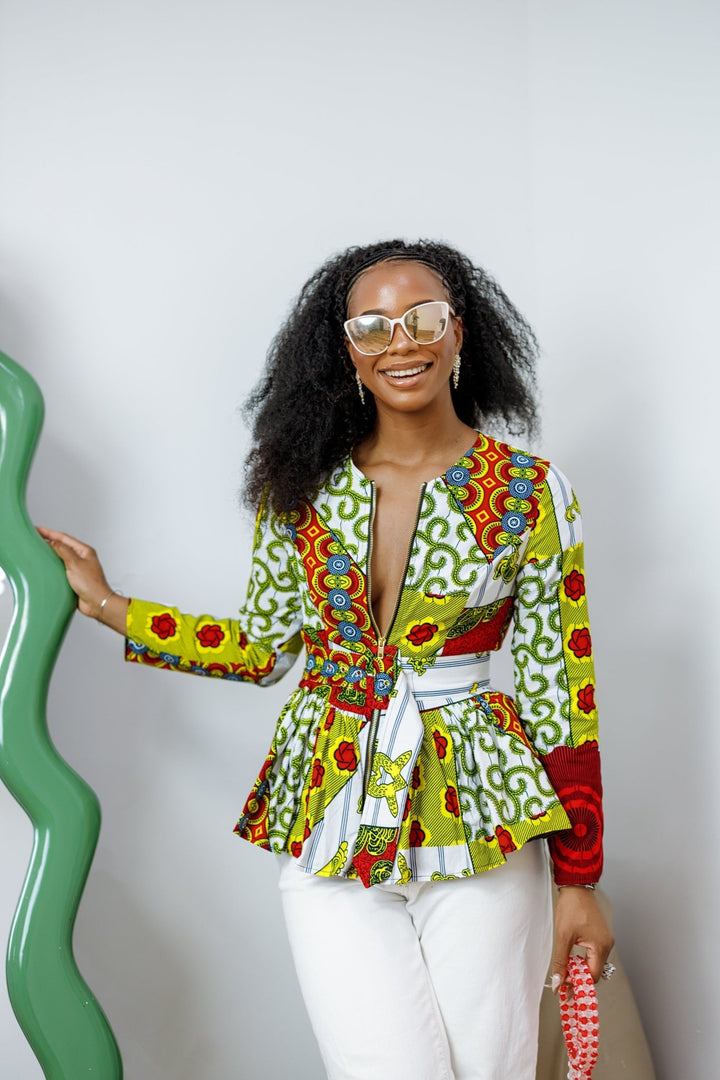 GABRIELLA AFRICAN PRINT FRONT ZIPPER PEPLUM TOP [MULTICOLOR] - Especially Yours