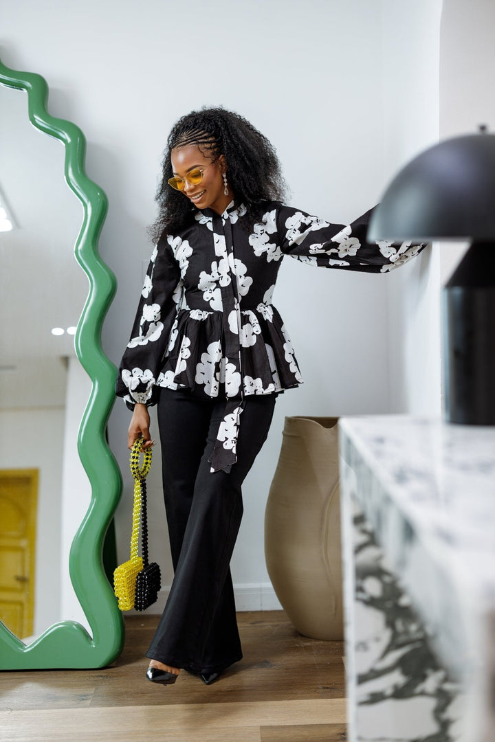 BIBI AFRICAN PRINT TIE NECK PEPLUM TOP [BLACK] - Especially Yours