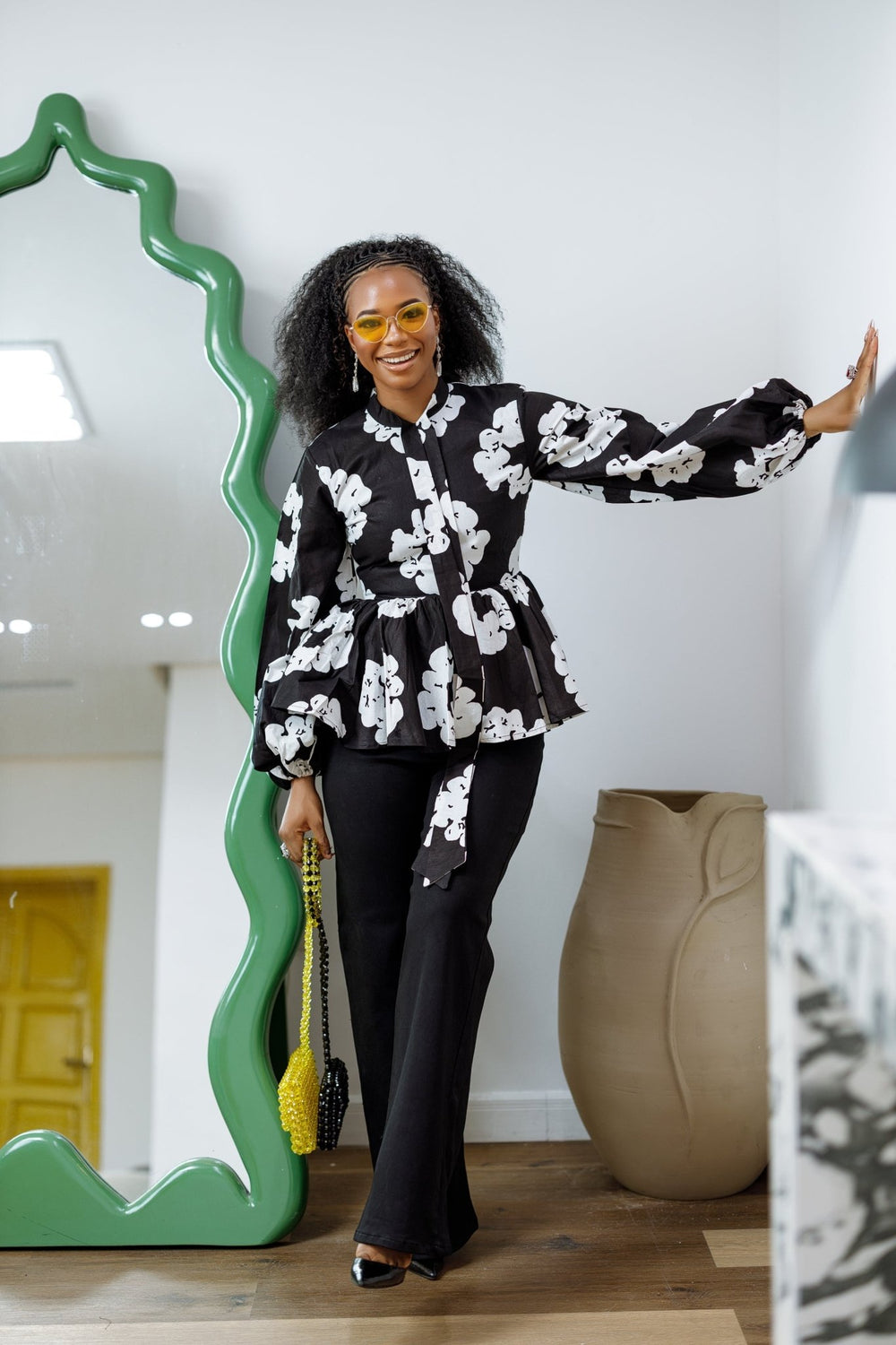 BIBI AFRICAN PRINT TIE NECK PEPLUM TOP [BLACK] - Especially Yours