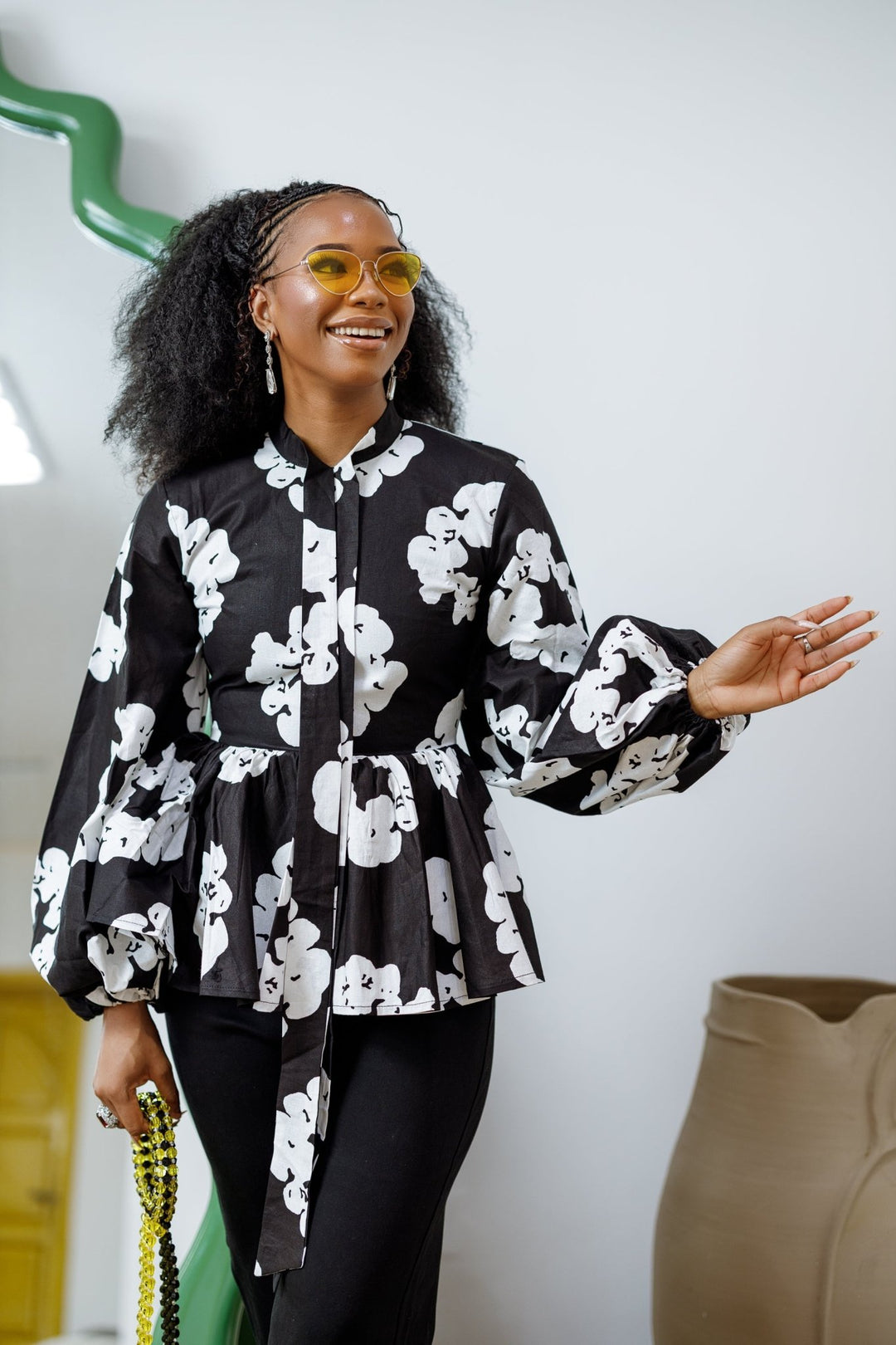 BIBI AFRICAN PRINT TIE NECK PEPLUM TOP [BLACK] - Especially Yours