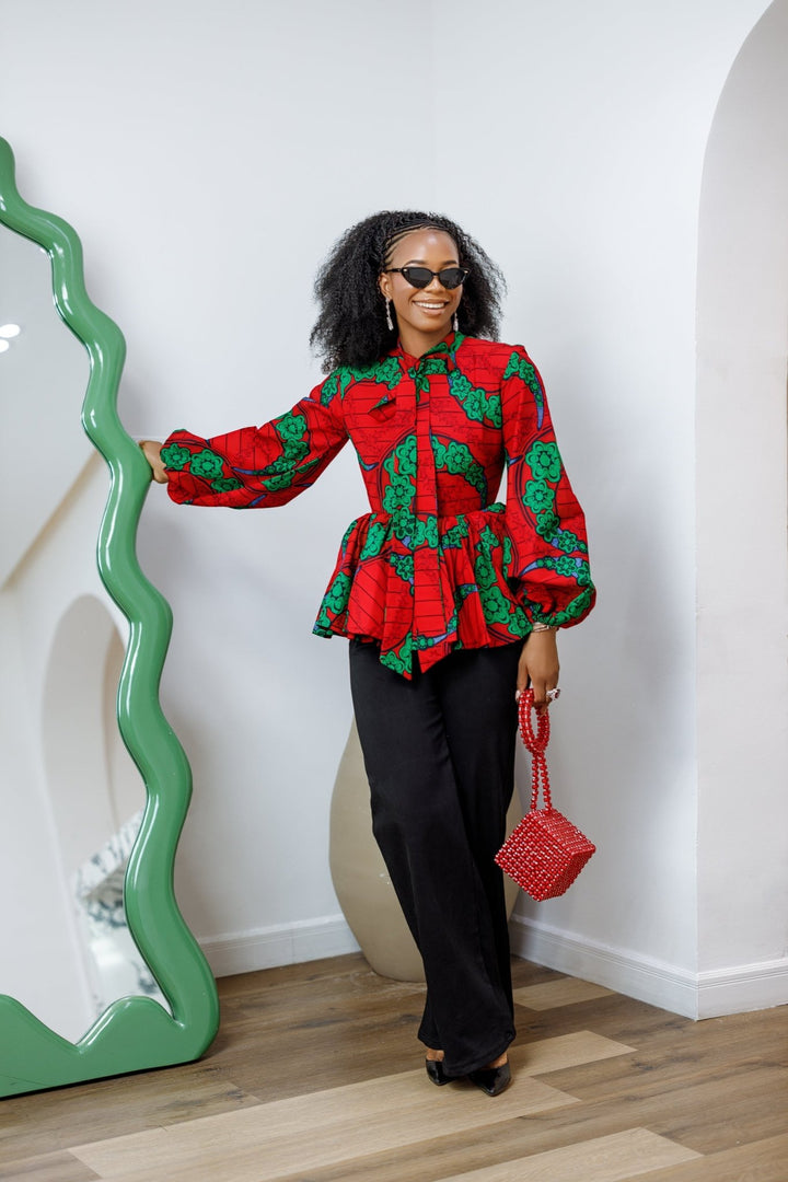 BIBI AFRICAN PRINT TIE NECK PEPLUM TOP [RED] - Especially Yours