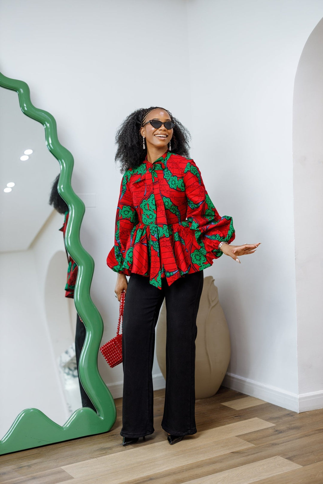 BIBI AFRICAN PRINT TIE NECK PEPLUM TOP [RED] - Especially Yours