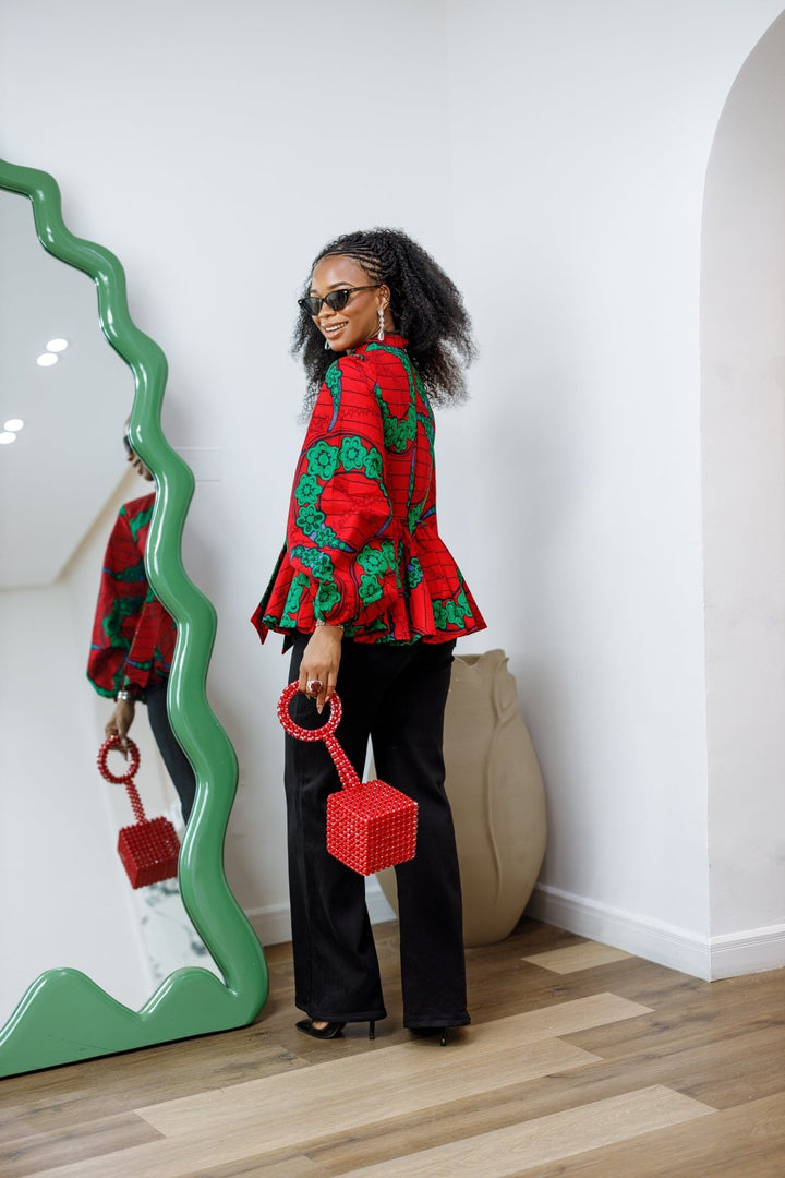 BIBI AFRICAN PRINT TIE NECK PEPLUM TOP [RED] - Especially Yours