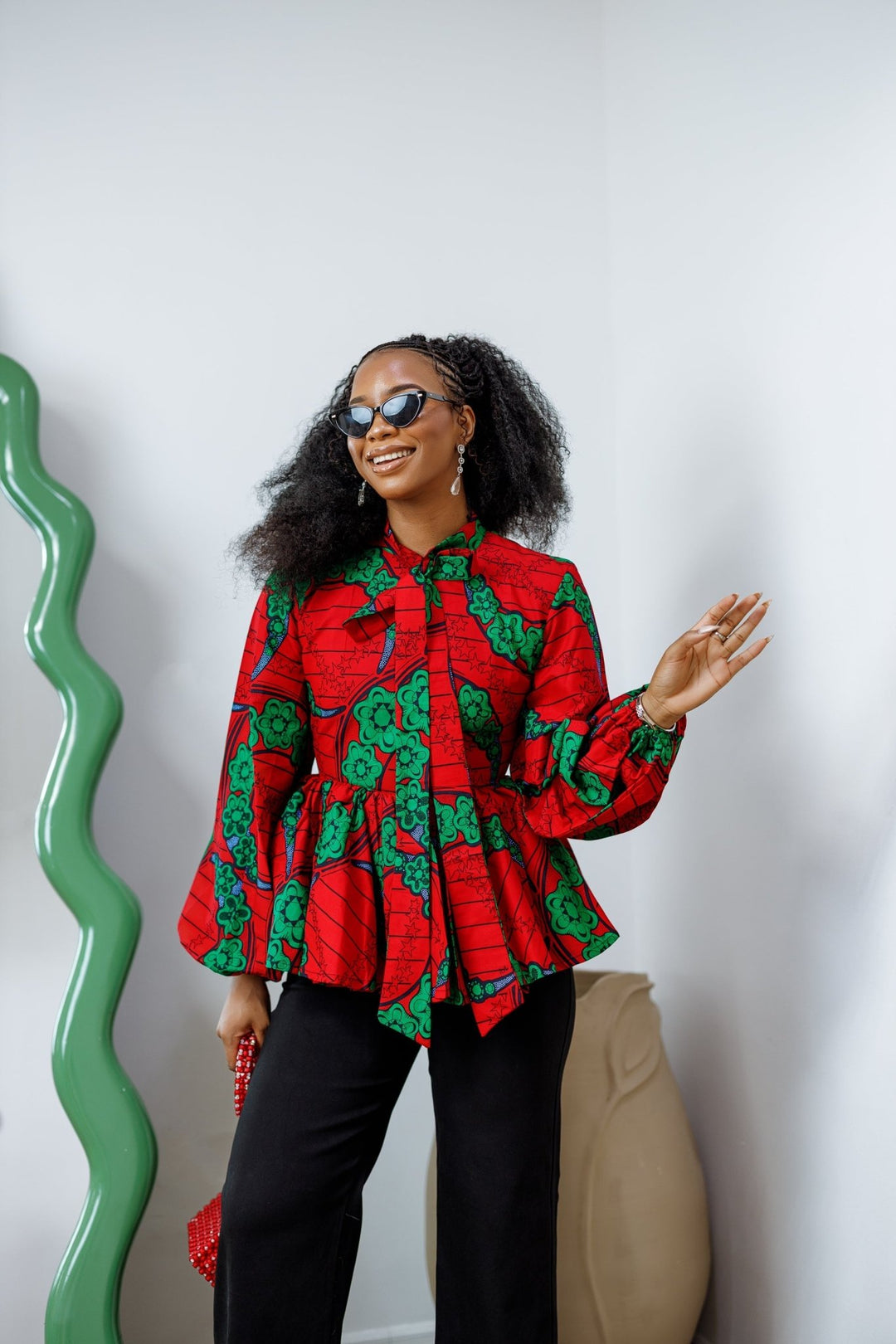 BIBI AFRICAN PRINT TIE NECK PEPLUM TOP [RED] - Especially Yours