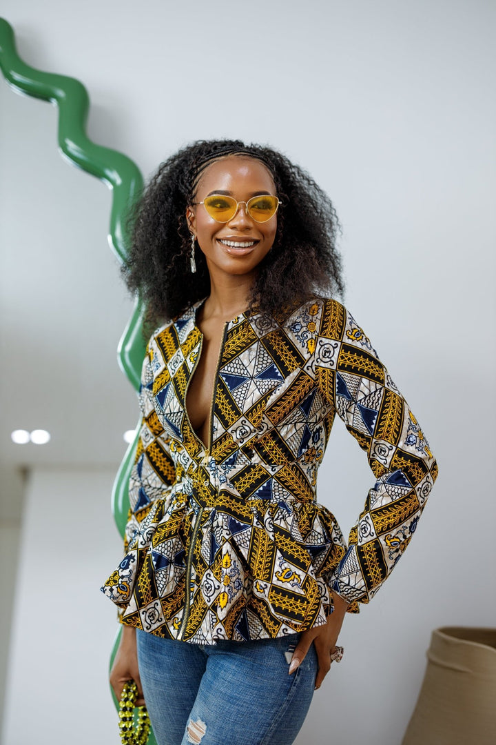 GABRIELLA AFRICAN PRINT FRONT ZIPPER PEPLUM TOP - Especially Yours