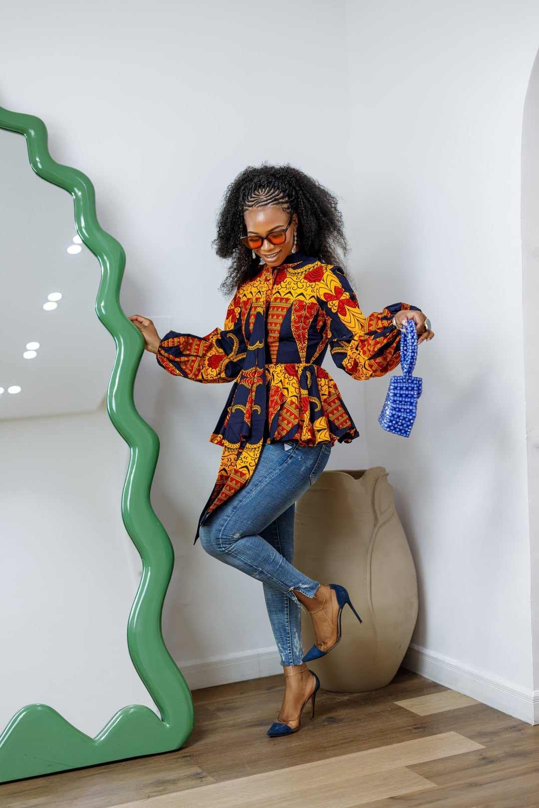 BIBI AFRICAN PRINT TIE NECK PEPLUM TOP [ORANGE] - Especially Yours