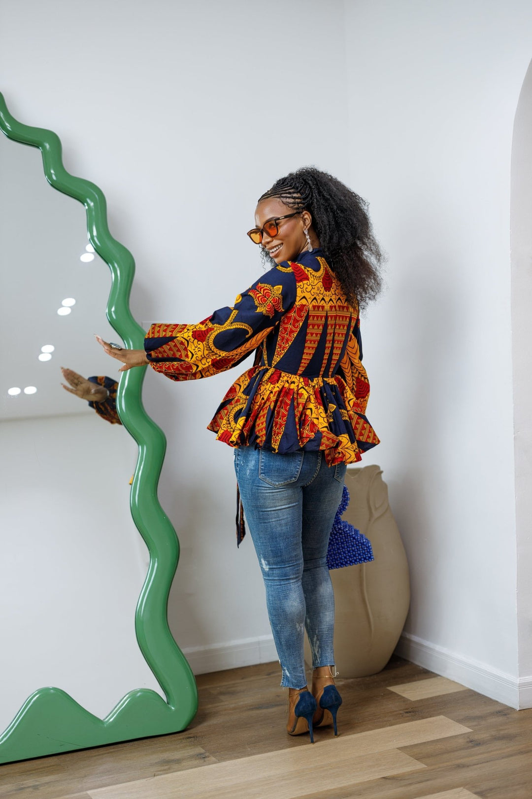 BIBI AFRICAN PRINT TIE NECK PEPLUM TOP [ORANGE] - Especially Yours