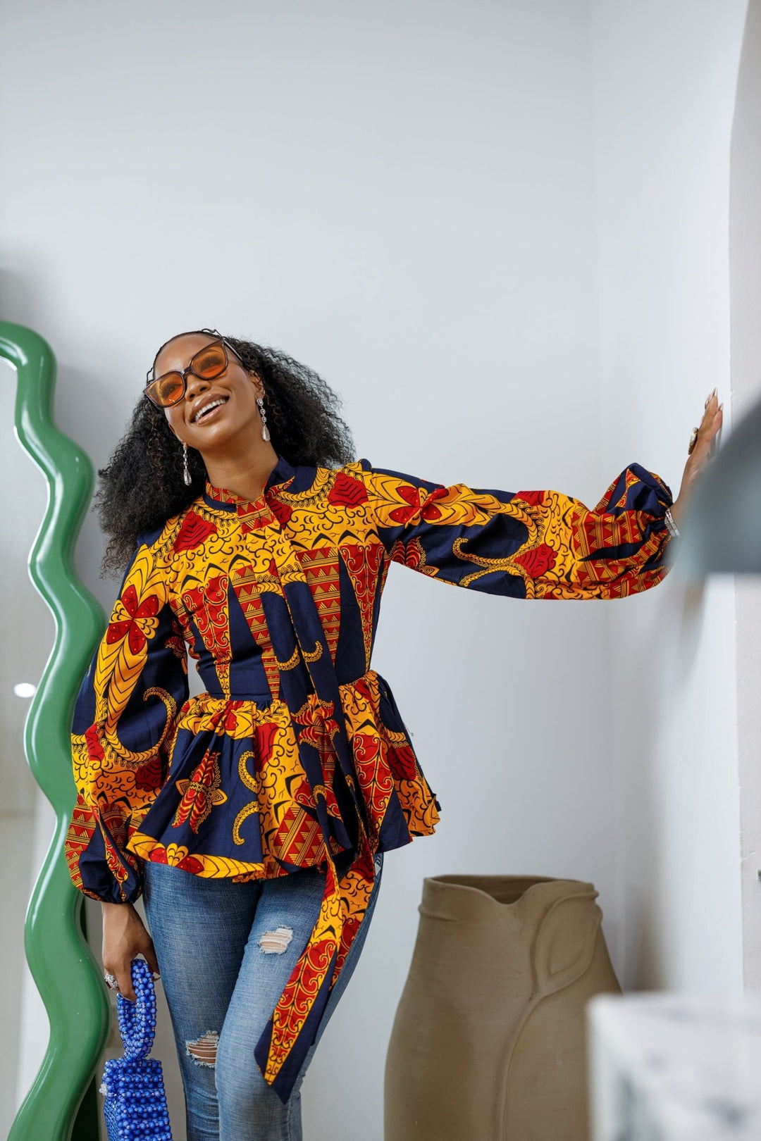 BIBI AFRICAN PRINT TIE NECK PEPLUM TOP [ORANGE] - Especially Yours