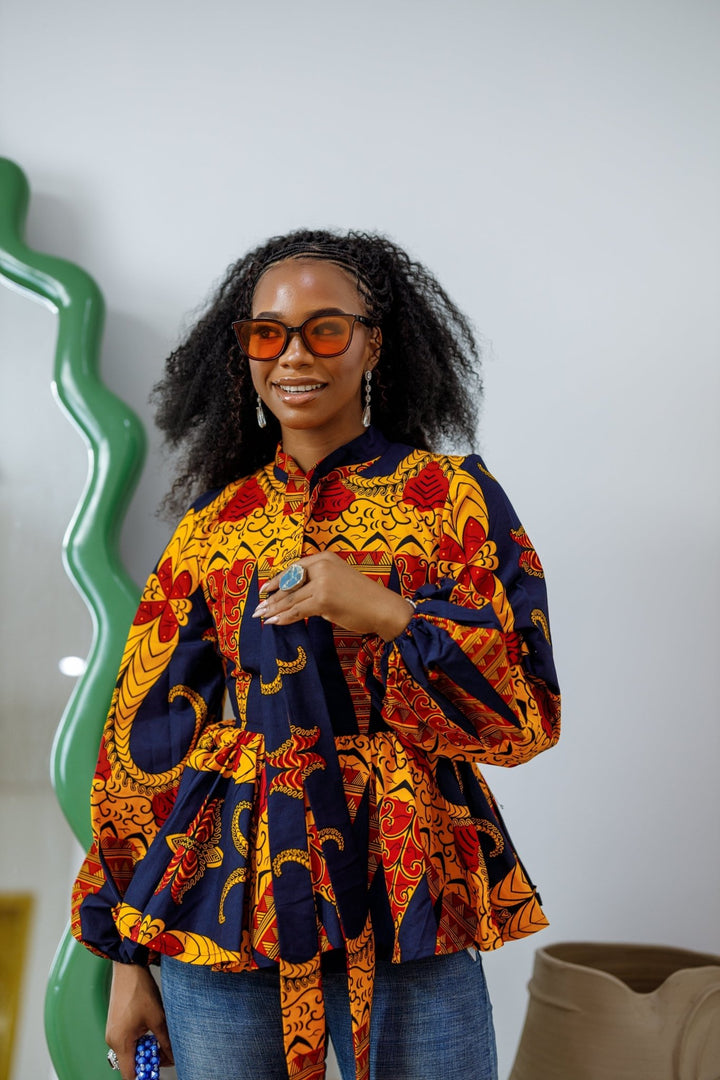 BIBI AFRICAN PRINT TIE NECK PEPLUM TOP [ORANGE] - Especially Yours
