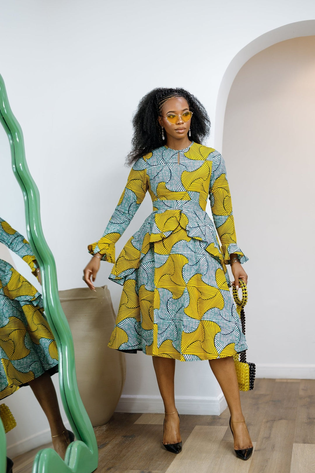 KOFI AFRICAN PRINT LAYERED FLARE MIDI DRESS [TEAL GREEN] - Especially Yours