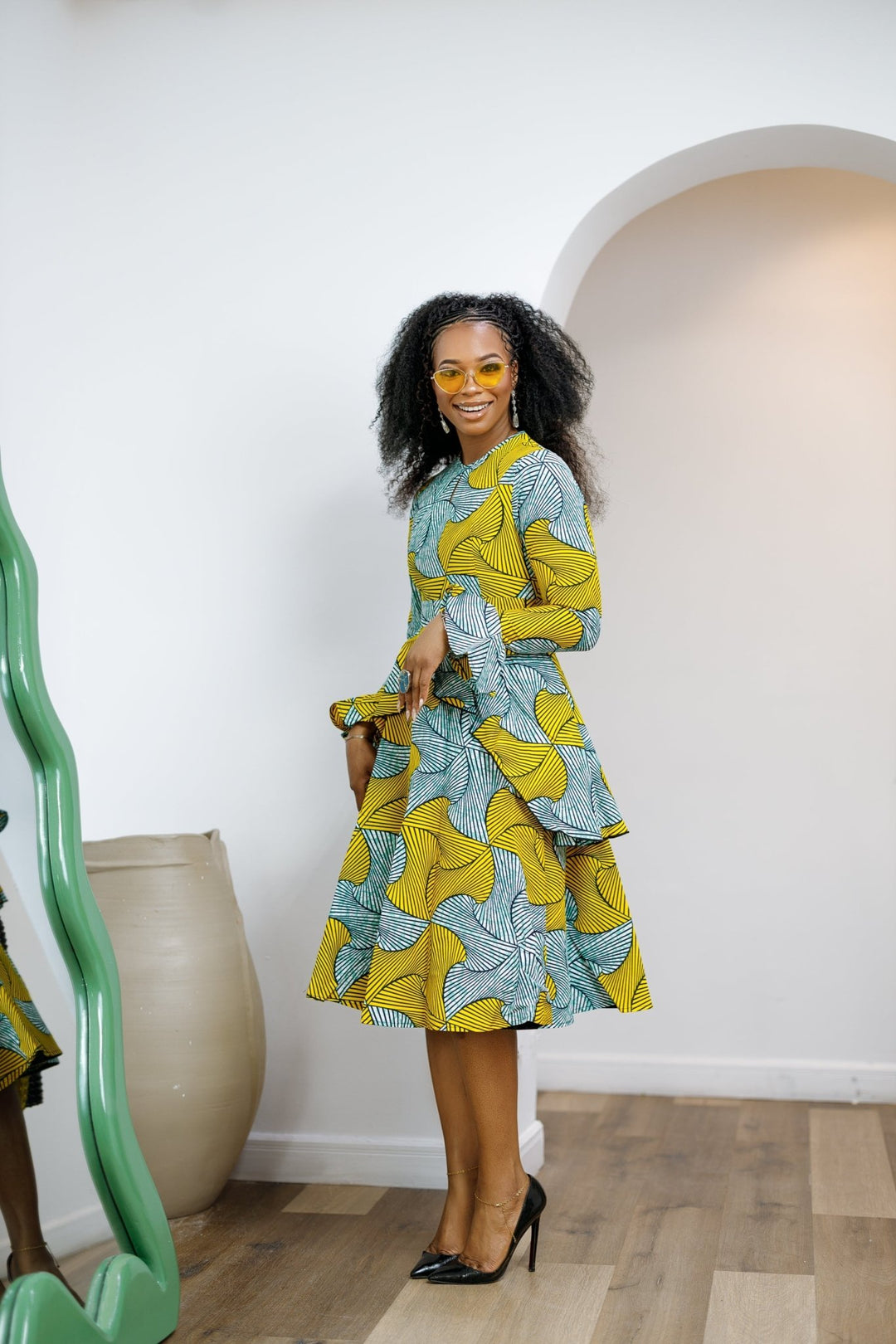 KOFI AFRICAN PRINT LAYERED FLARE MIDI DRESS [TEAL GREEN] - Especially Yours