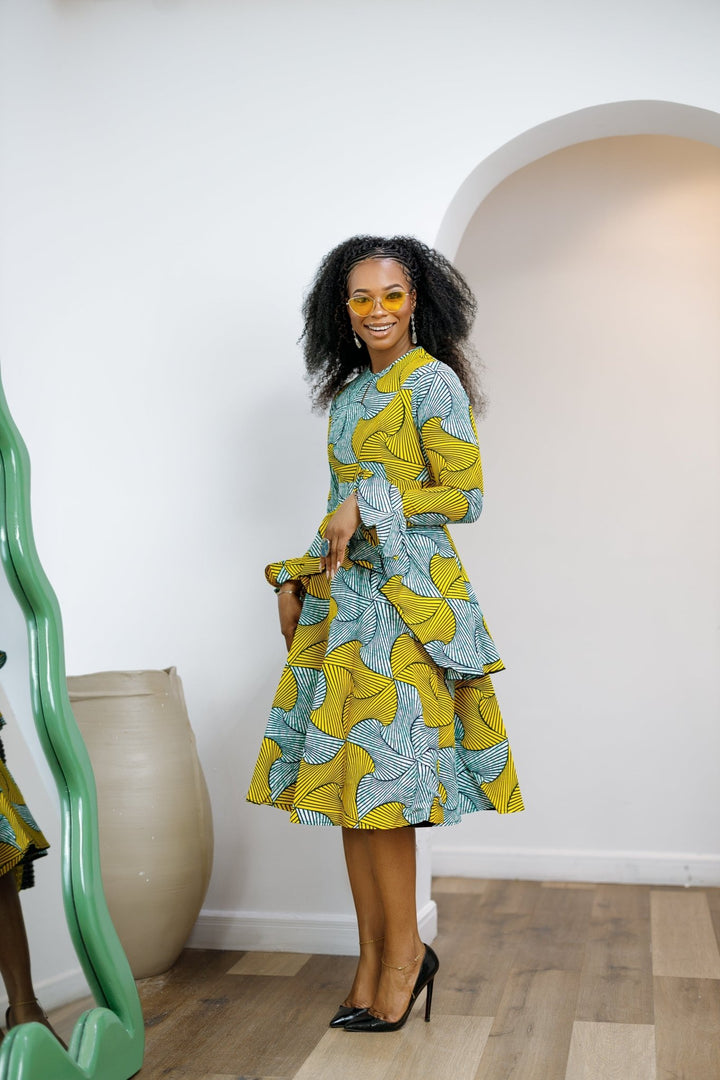 KOFI AFRICAN PRINT LAYERED FLARE MIDI DRESS [TEAL GREEN] - Especially Yours