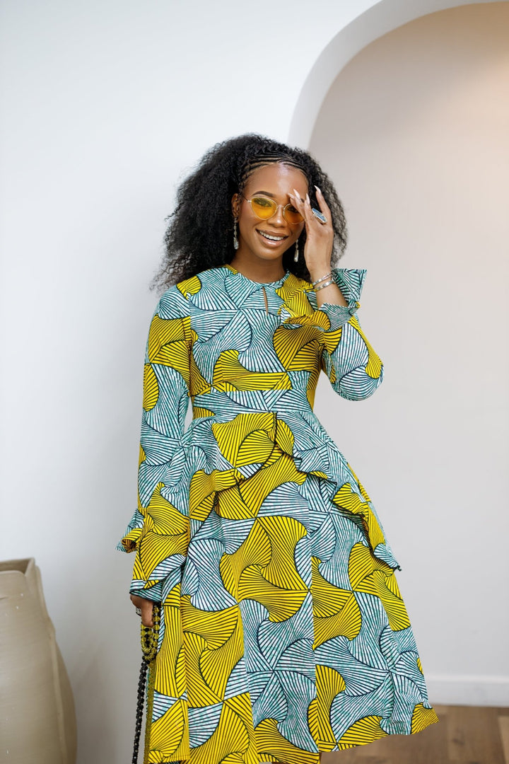 KOFI AFRICAN PRINT LAYERED FLARE MIDI DRESS [TEAL GREEN] - Especially Yours